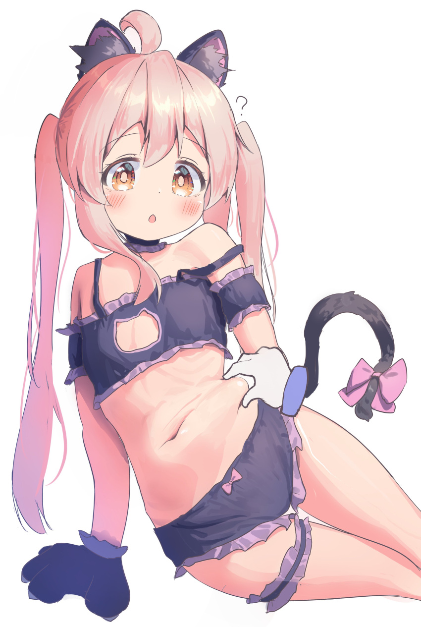 1girl ? absurdres ahoge animal_ears animal_hands belly_grab blonde_hair blush brown_eyes cat_ears cat_lingerie cat_tail flab gloves highres long_hair lying meme_attire on_side onii-chan_wa_oshimai! oyama_mahiro paw_gloves solo tail twintails wasabiyoukan white_background
