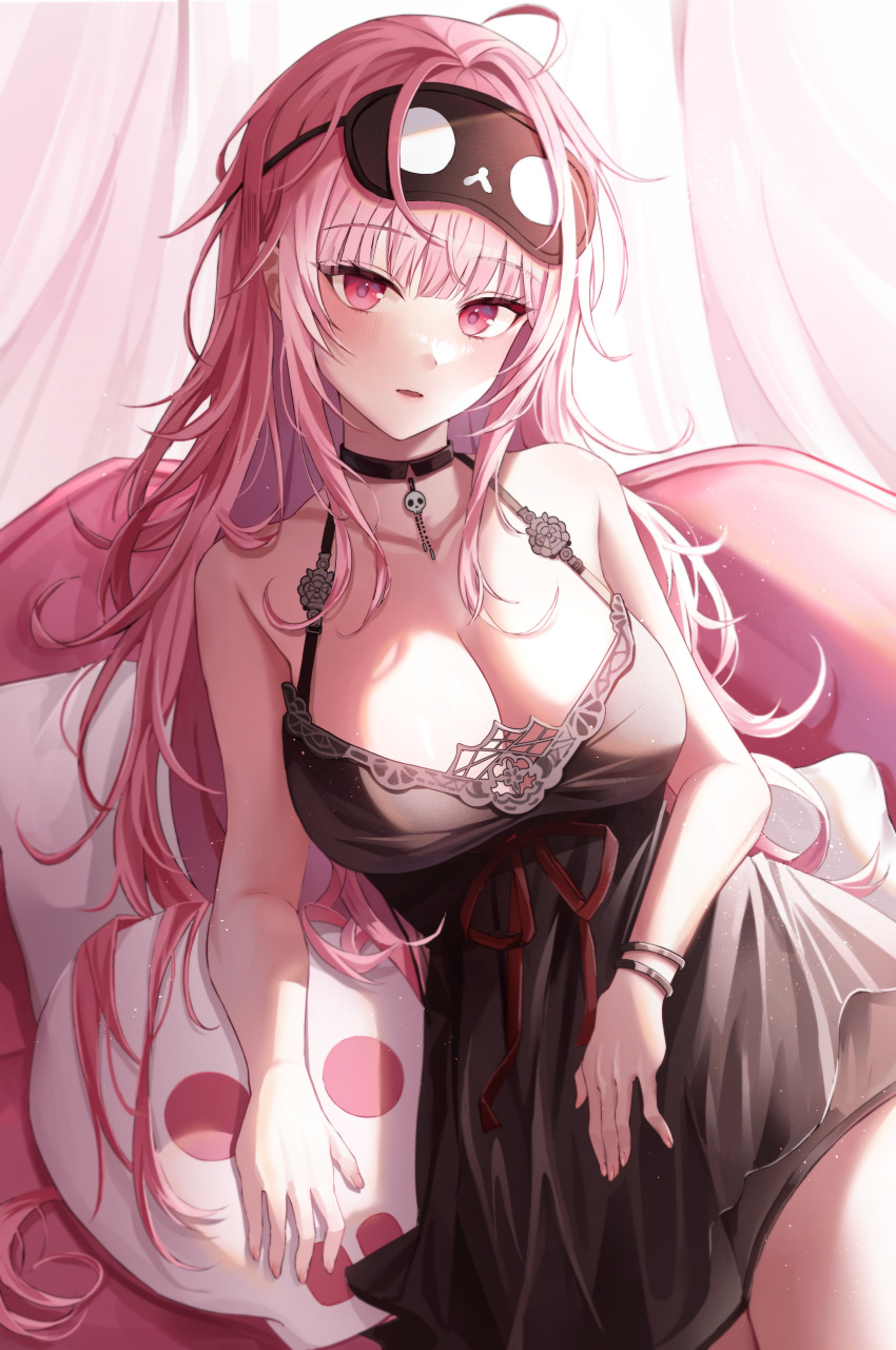 1girl absurdres black_choker black_dress bracelet breasts choker cleavage collarbone dress highres hololive hololive_english jewelry kim_leeyoon large_breasts long_hair mask mask_on_head mori_calliope nightgown official_alternate_costume pink_hair red_eyes sleep_mask solo virtual_youtuber wavy_hair