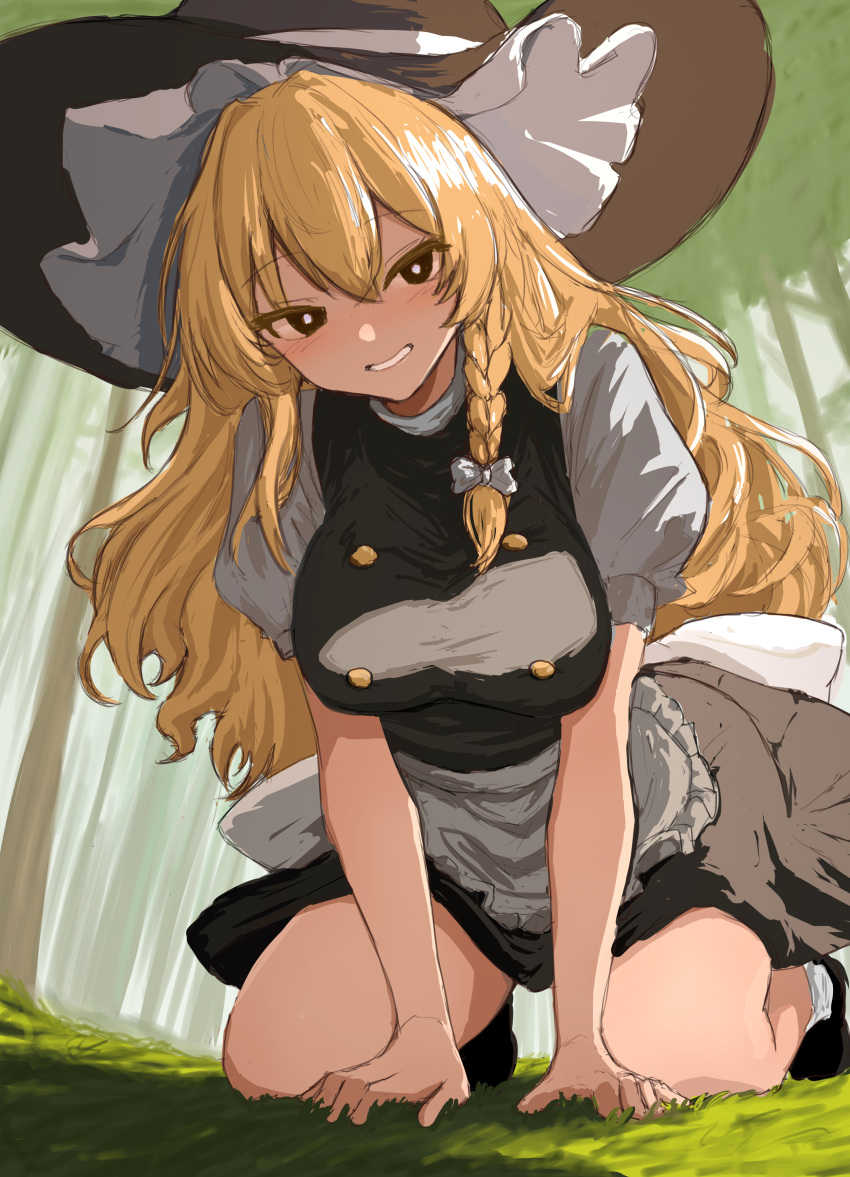 1girl absurdres all_fours apron black_eyes black_vest blonde_hair blush braid bright_pupils buttons double-breasted forest hat highres kirisame_marisa looking_at_viewer moriforest1040 nature on_ground outdoors puffy_short_sleeves puffy_sleeves shirt short_sleeves single_braid smile solo touhou vest waist_apron white_shirt witch_hat