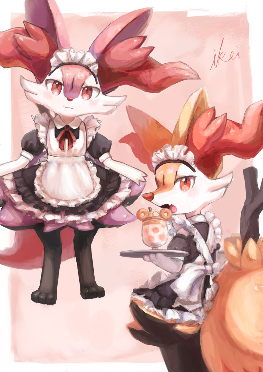 2girls :3 animal_ear_fluff animal_ears animal_feet animal_hands animal_nose apron artist_name back_bow barefoot black_dress blush body_fur border bow braixen closed_mouth clothed_pokemon collared_dress commentary cowboy_shot crescent cup dessert dress drinking_glass english_commentary fang flat_chest food foodification fox_ears fox_girl fox_tail frilled_apron frilled_dress frills from_behind furry furry_female hand_up happy highres holding holding_food holding_tray ikei light_blush looking_at_viewer looking_back maid_apron maid_headdress mixed-language_commentary multicolored_fur multiple_girls neck_ribbon open_mouth outside_border parfait pokemon pokemon_(creature) puffy_short_sleeves puffy_sleeves purple_fur red_background red_ribbon ribbon short_dress short_sleeves signature simple_background skin_fang smile snout standing stick straight-on tail teddiursa tray white_apron white_border white_bow white_fur yellow_fur