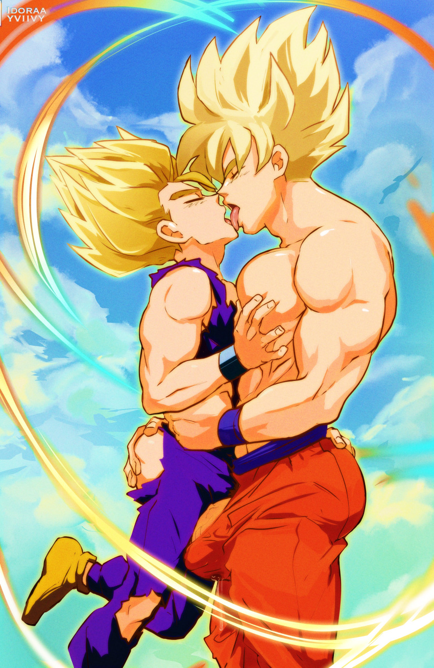 2boys absurdres artist_name bara blue_hair blue_sky brown_footwear bulging_penis character_request closed_eyes cloud dragon_ball facing_another french_kiss full_body grabbing hair_up highres idoraad kiss long_hair male_focus multiple_boys muscular muscular_male orange_pants pants pectoral_grab pectorals purple_pants purple_tank_top saiyan size_difference sky super_saiyan tank_top topless_male yaoi