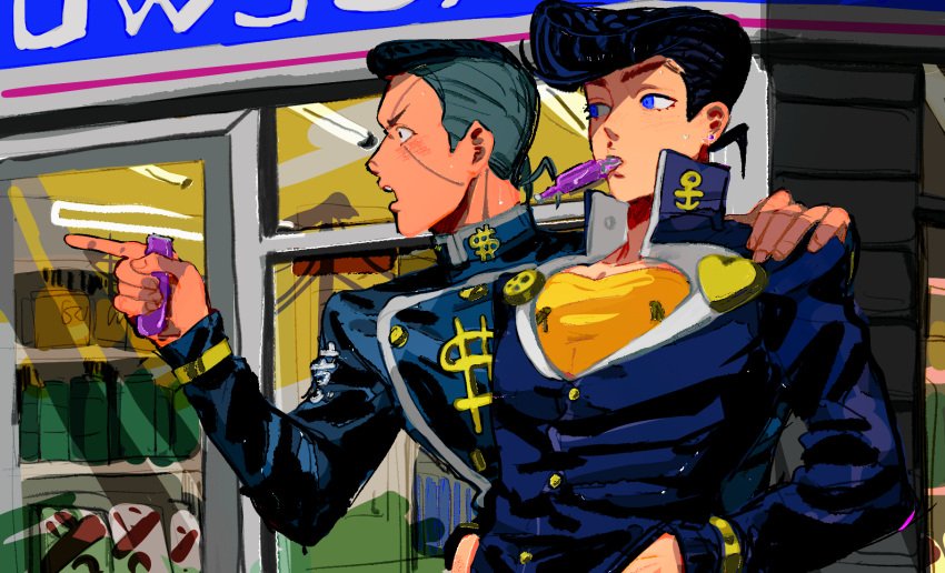 2boys anchor_symbol black_hair blue_eyes blush buttons clothes_writing convenience_store diamond_wa_kudakenai dollar_sign drinking earrings facial_mark gakuran glass_door grey_hair hand_on_another's_shoulder hands_in_pockets heart higashikata_josuke highres jewelry jojo_no_kimyou_na_bouken looking_to_the_side male_focus multicolored_hair multiple_boys nijimura_okuyasu open_mouth outdoors peace_symbol pointing pompadour ramune school_uniform shelf shirt shop sparkle stud_earrings sweat two-tone_hair upper_body user_ftf4740 v-shaped_eyebrows yellow_shirt zipper