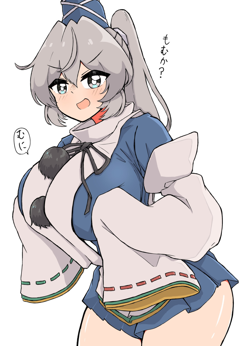 1girl absurdres blue_dress blue_headwear blush breast_lift breasts bright_pupils detached_sleeves dress grey_eyes grey_hair gurajio hair_between_eyes hat highres japanese_clothes kariginu large_breasts long_hair mononobe_no_futo open_mouth pom_pom_(clothes) ponytail ribbon-trimmed_sleeves ribbon_trim short_dress sleeves_past_fingers sleeves_past_wrists solo tate_eboshi touhou white_background white_pupils white_sleeves wide_sleeves