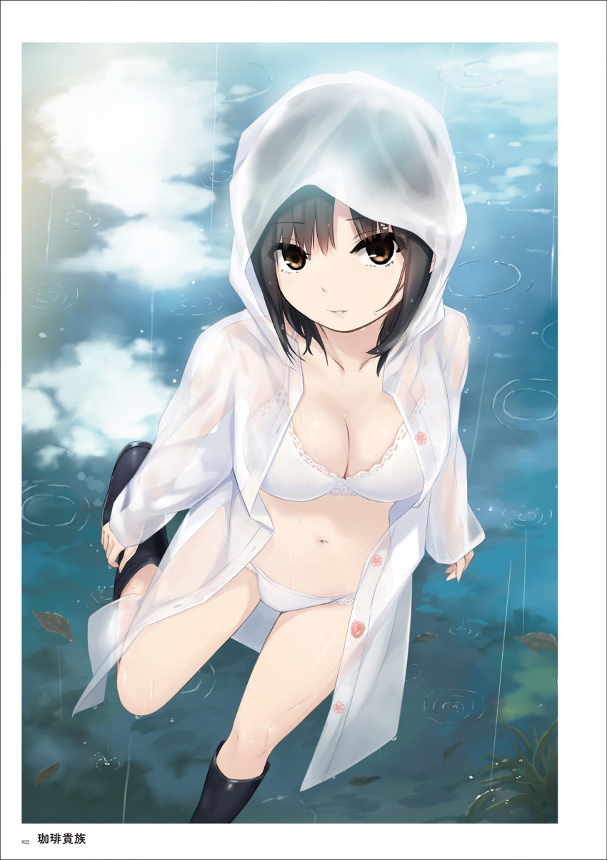 1girl aoyama_sumika artist_name black_hair boots bra breasts brown_eyes buttons cleavage coffee-kizoku collarbone day highres hood knee_boots leaf leg_up lips long_sleeves looking_at_viewer medium_breasts navel open_clothes original page_number panties parted_lips rain raincoat reflection see-through shiny_skin short_hair simple_background solo stomach thighs underwear water water_drop wet wet_clothes white_bra white_panties