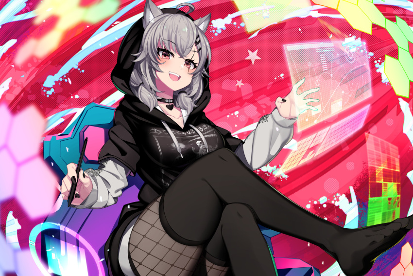 1girl absurdres akagi_(sk0127aho) animal_ears black_nails black_thighhighs brown_eyes cat_ears cat_girl crossed_legs fishnets grey_hair hexagon highres holding holding_pen holographic_monitor hood hooded_jacket hoodie indie_virtual_youtuber jacket jewelry looking_at_viewer multiple_hairpins necklace open_mouth pen saruei_(vtuber) shorts sitting smile solo star_(symbol) thighhighs