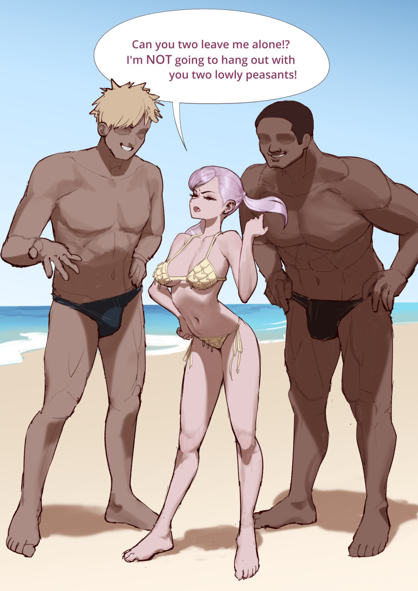 1girl 2boys absurdres barefoot beach bikini black_clover black_hair blonde_hair blue_sky breasts bulge dark-skinned_male dark_skin day english_text erection erection_under_clothes full_body grin hand_on_own_hip hand_up highres large_breasts looking_at_another male_swimwear multiple_boys muscular muscular_male navel noelle_silva outdoors pink_hair sky smile speech_bubble stomach swim_briefs swimsuit twintails wjs07