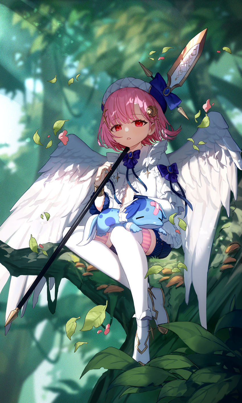 1girl 1other angel_wings bandaid bandaid_on_face blue_ribbon forest hat highres icewind0223 in_tree nature original petting pink_hair red_eyes ribbon sitting sitting_in_tree speak sunlight thighhighs tree white_thighhighs wings