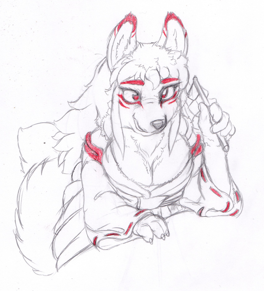 anthro asian_clothing canid canine clothing east_asian_clothing facial_markings female fox head_markings hi_res japanese_clothing kitsune_youkai mammal markings miko_outfit shide simple_background sketch solo white_background