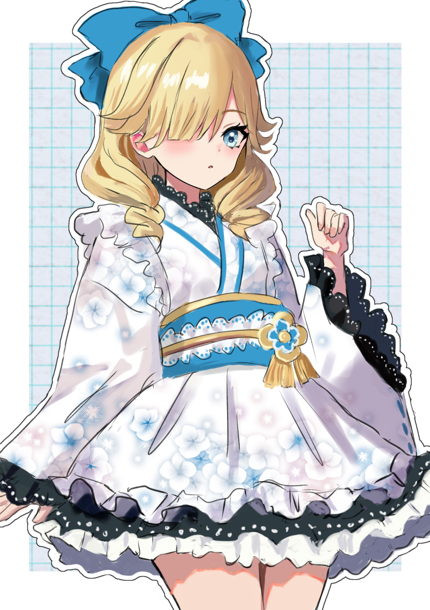 1girl absurdres blonde_hair blue_bow blue_eyes blue_sash blush bow commentary_request cowboy_shot drill_hair fire_emblem fire_emblem_engage floral_print frills hair_bow hair_over_one_eye hand_up highres japanese_clothes kimono long_sleeves looking_at_viewer madeline_(fire_emblem) medium_hair obi sash solo standing white_kimono wide_sleeves yuurururun