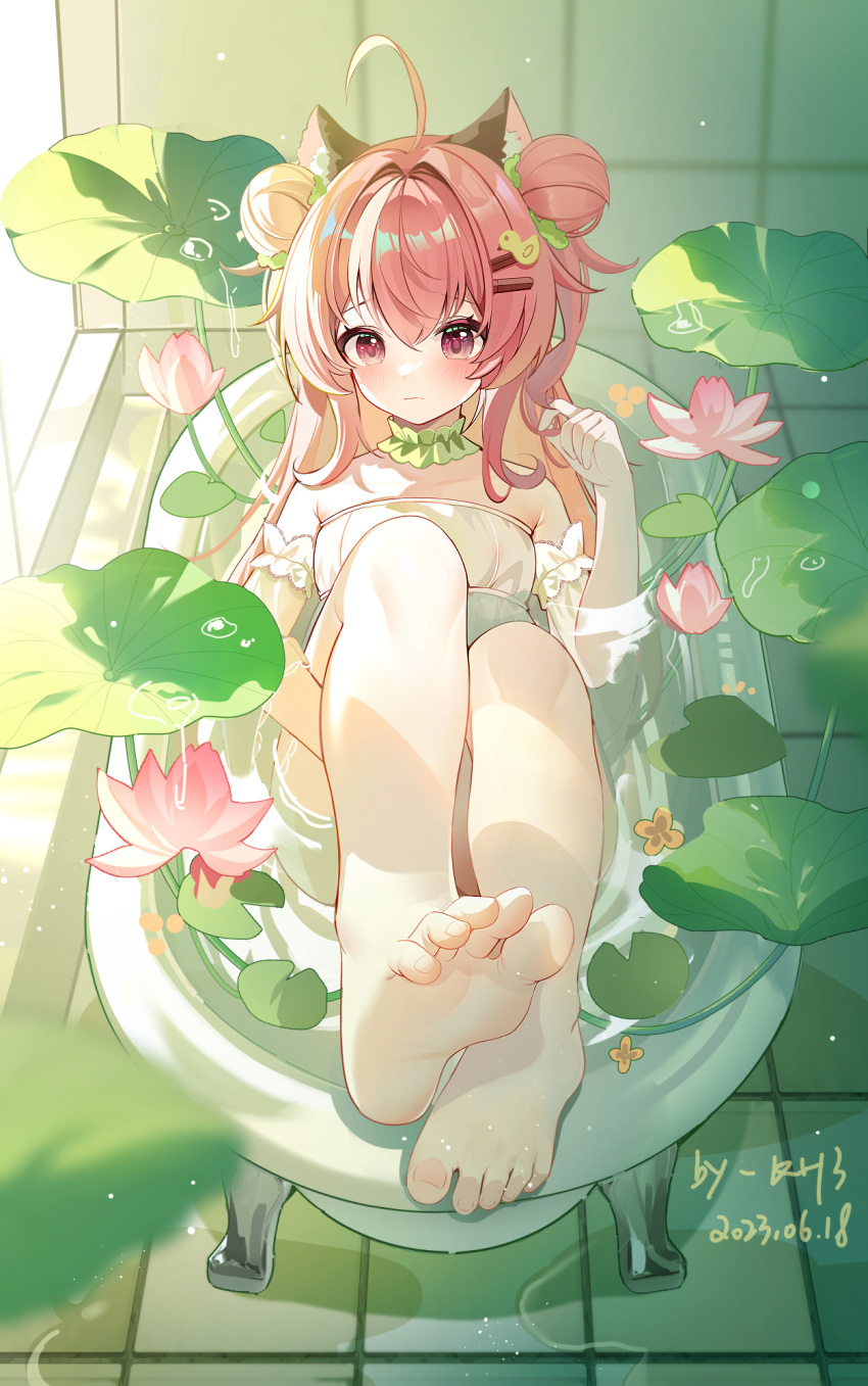 1girl :| ahoge animal_ears bare_shoulders barefoot bathtub blush cat_ears cat_girl closed_mouth collarbone commentary_request dated double_bun dress feet flower foot_focus full_body hair_between_eyes hair_bun hair_ornament hairclip hand_up highres indoors legs_together legs_up lily_pad long_hair looking_at_viewer miaogujun original partially_submerged pink_eyes pink_flower pink_hair sidelocks sitting sleeveless sleeveless_dress soles solo tile_floor tiles toenails toes water white_dress