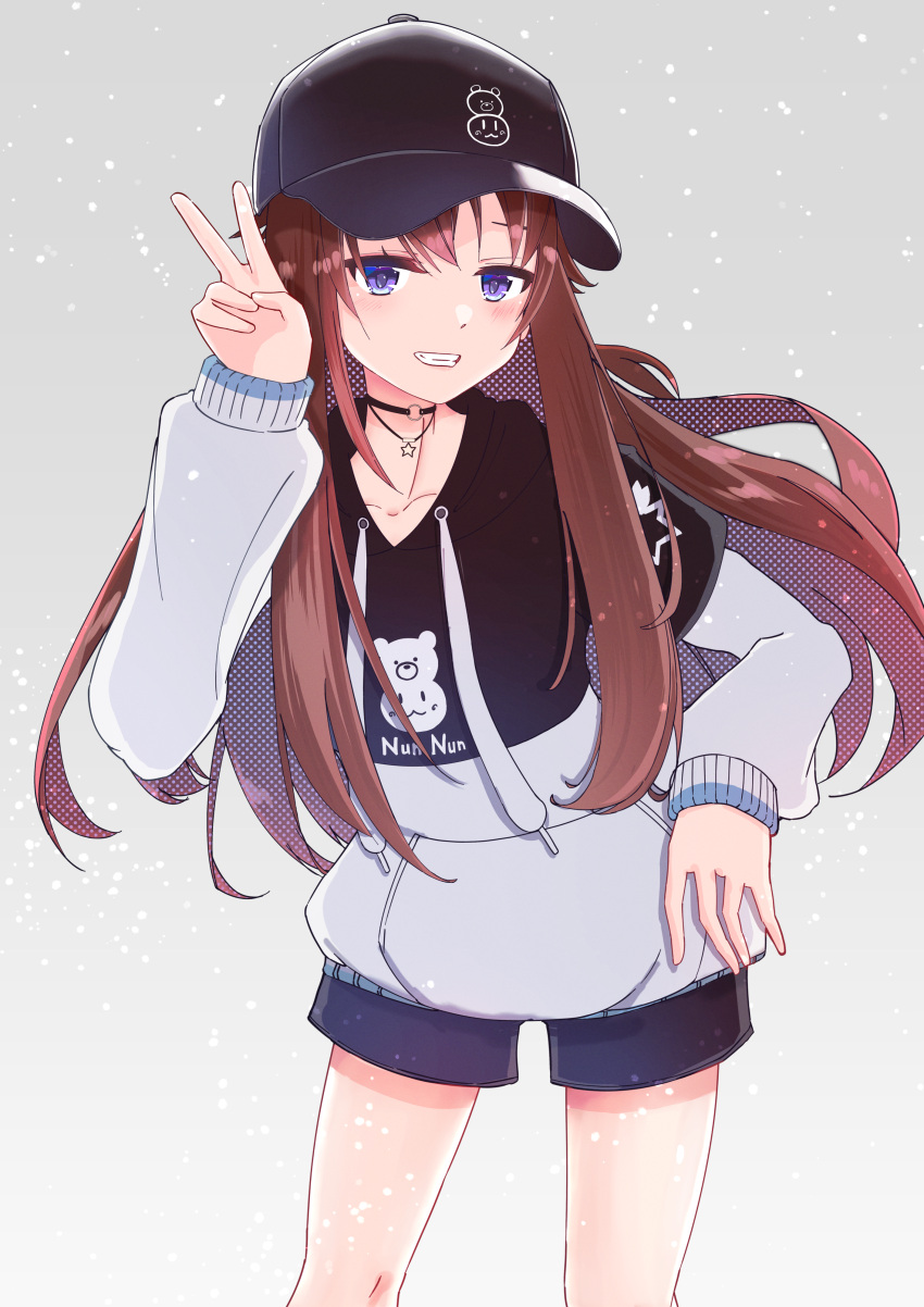 absurdres baseball_cap black_choker black_headwear black_hoodie brown_hair choker hat highres hololive hood hoodie laflafez long_hair looking_at_viewer official_alternate_costume tokino_sora tokino_sora_(6th_costume) two-tone_hoodie virtual_youtuber white_hoodie