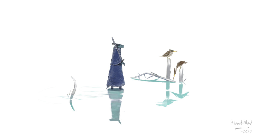 2023 ambiguous_gender anthro avian beak bird blue_cloak branch brown_body brown_feathers dated digital_media_(artwork) dragon feathers feral green_body green_scales group hi_res holding_object holding_sword holding_weapon horn lake looking_down looking_forward male melee_weapon outside partially_submerged perched reflection ripples scales signature simple_background standing standing_in_water stump sword tail themefinland trio weapon white_background white_body white_feathers yellow_beak
