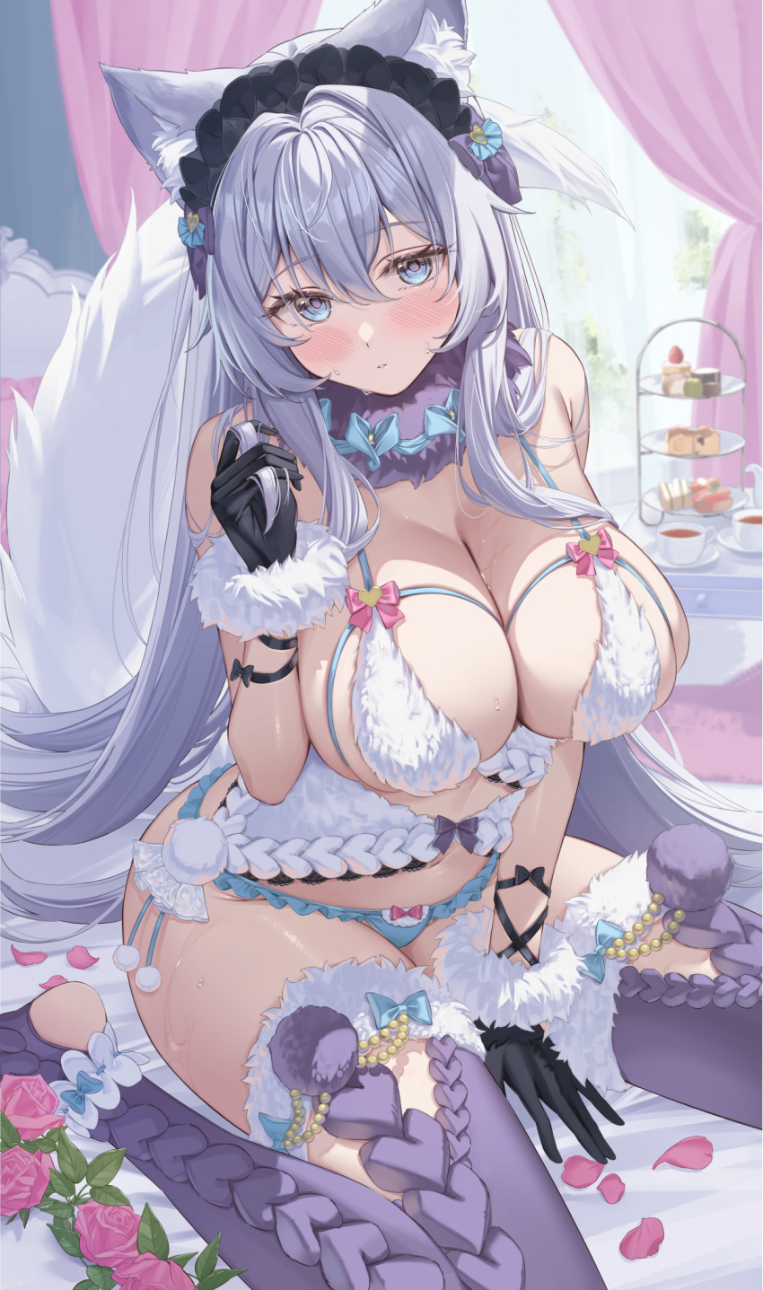 1girl animal_ear_fluff animal_ears bare_shoulders black_gloves blue_bow blue_eyes blue_panties blush bow bow_panties breasts cleavage closed_mouth commentary_request flower food fur_trim gloves grey_hair hair_ornament hand_up heel-less_legwear highres large_breasts long_hair looking_at_viewer original panties petals pink_bow purple_thighhighs sg_(satoumogumogu) sideboob sitting solo tail thighhighs underwear wariza