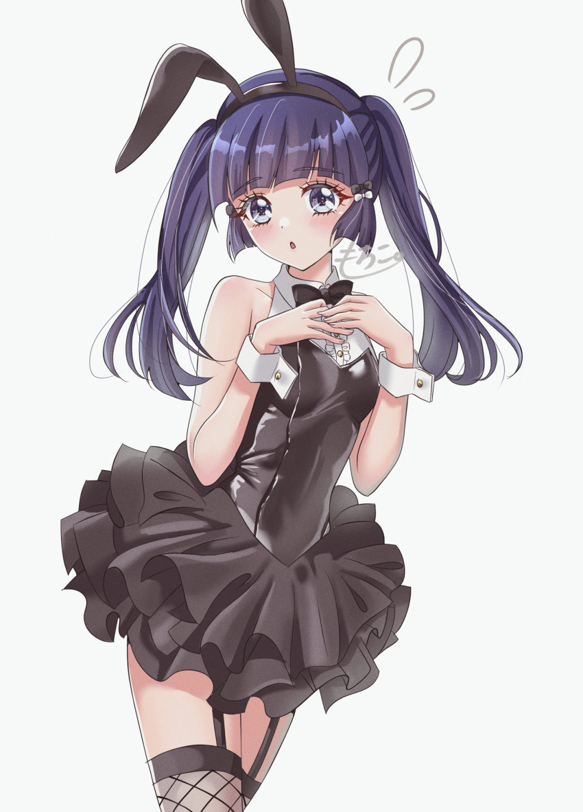 1girl :o alternate_costume animal_ears aoki_reika black_dress black_leotard blue_eyes blue_hair blush breasts cowboy_shot dress fake_animal_ears fishnet_thighhighs fishnets garter_straps headband highres leotard long_hair looking_at_viewer mochico_bb neck_ribbon open_mouth precure rabbit_ears ribbon sleeveless sleeveless_dress small_breasts smile smile_precure! solo thighhighs twintails