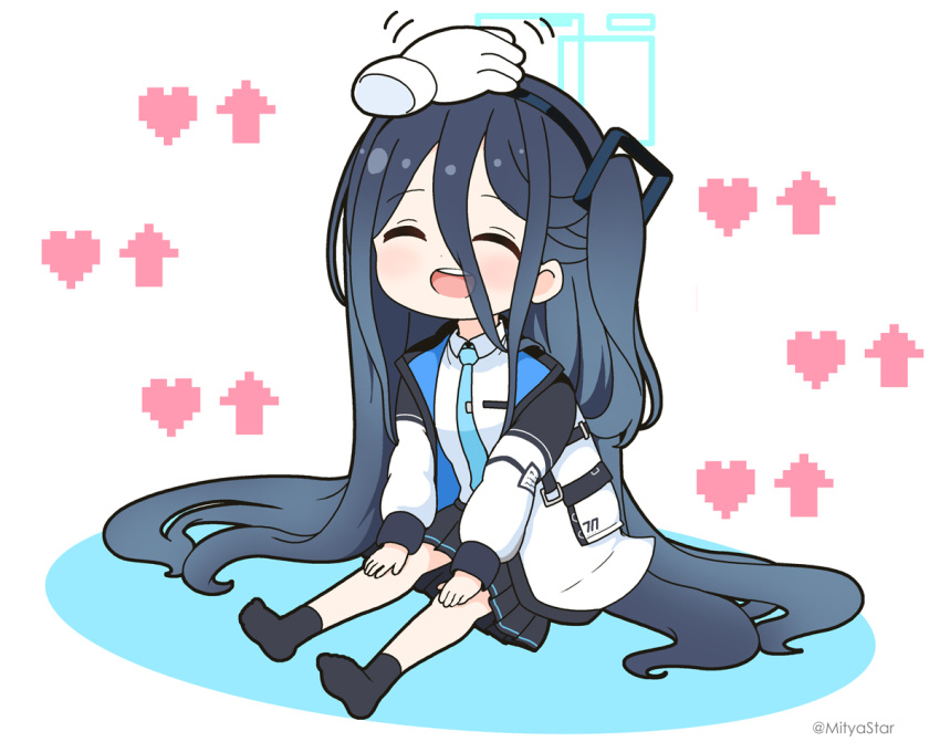 1girl :d ^_^ aris_(blue_archive) arrow_(symbol) black_hair black_hairband black_skirt black_socks blue_archive blue_necktie blush chibi closed_eyes collared_shirt colored_shadow commentary_request disembodied_limb full_body hair_between_eyes hairband halo headpat heart jacket long_hair long_sleeves mitya necktie no_shoes one_side_up open_clothes open_jacket pixelated pleated_skirt puffy_long_sleeves puffy_sleeves round_teeth shadow shirt simple_background sitting skirt sleeves_past_wrists smile socks solo_focus teeth twitter_username upper_teeth_only very_long_hair white_background white_jacket white_shirt