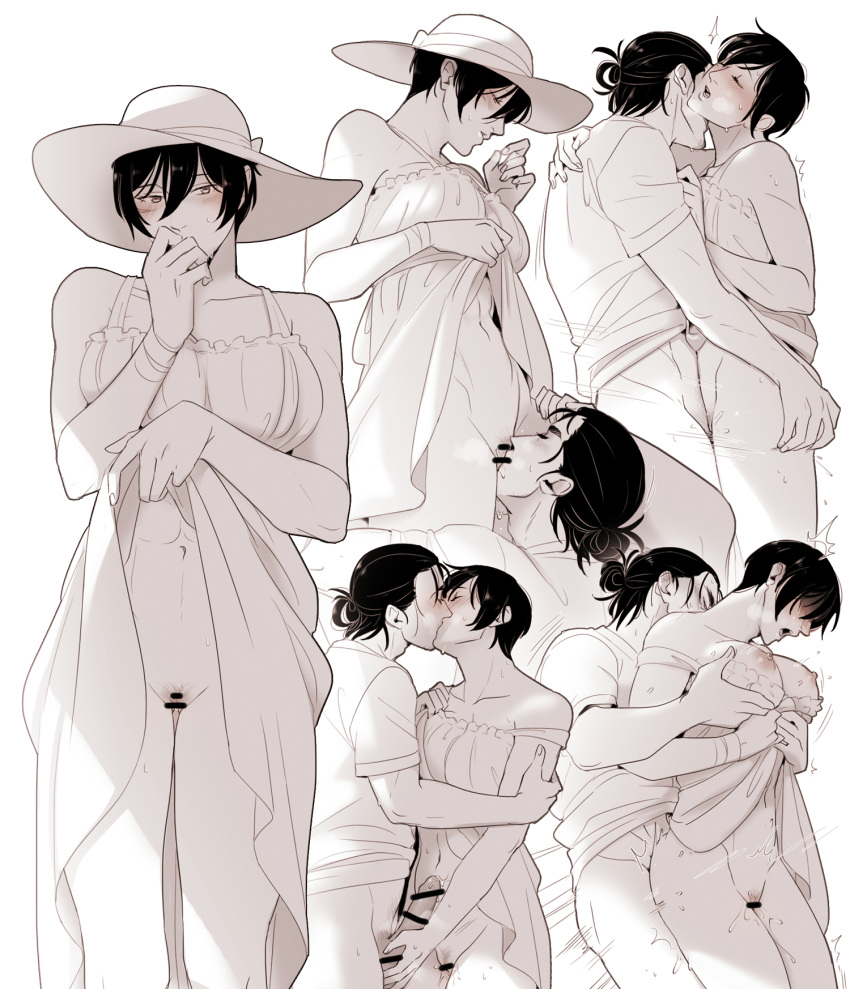 1boy 1girl abs bar_censor blush breasts censored clothes_lift clothes_pull cosplay cunnilingus dress dress_lift dress_pull eren_yeager french_kiss grabbing grabbing_another's_breast grabbing_from_behind hand_on_another's_penis hanpetos hasshaku-sama hasshaku-sama_(cosplay) hat heavy_breathing hetero highres implied_anal kiss large_breasts lifted_by_self mikasa_ackerman motion_lines navel no_panties oral sex sex_from_behind shingeki_no_kyojin short_hair single_hair_ring standing standing_cunnilingus standing_sex sun_hat sundress toned