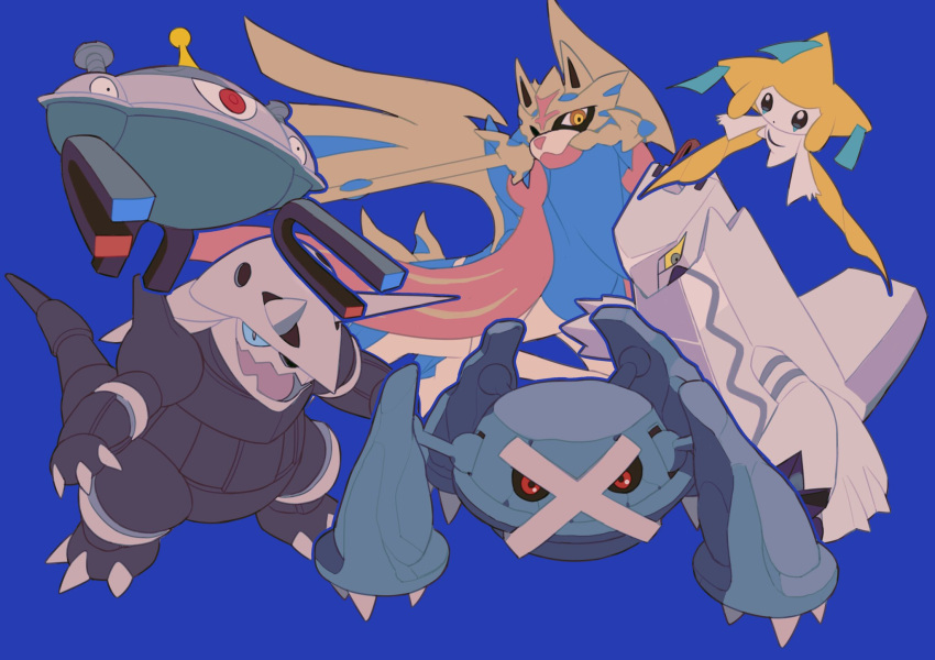 aggron blue_background blue_sclera colored_sclera duraludon fangs full_body highres jirachi magnet magnezone metagross no_humans open_mouth pokemon pokemon_(creature) simple_background sword v_(govvvvw) weapon yellow_sclera zacian