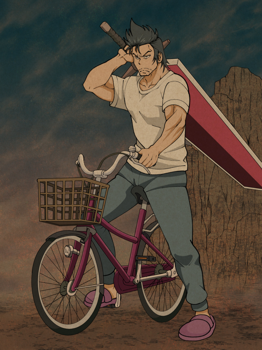 1boy a-king bicycle bicycle_basket black_hair blue_pants facial_hair full_body highres holding holding_sword holding_weapon lv1_maou_to_one_room_yuusha max_(lv1_maou_to_one_room_yuusha) muscular outdoors pants shirt slippers stubble sword weapon white_shirt