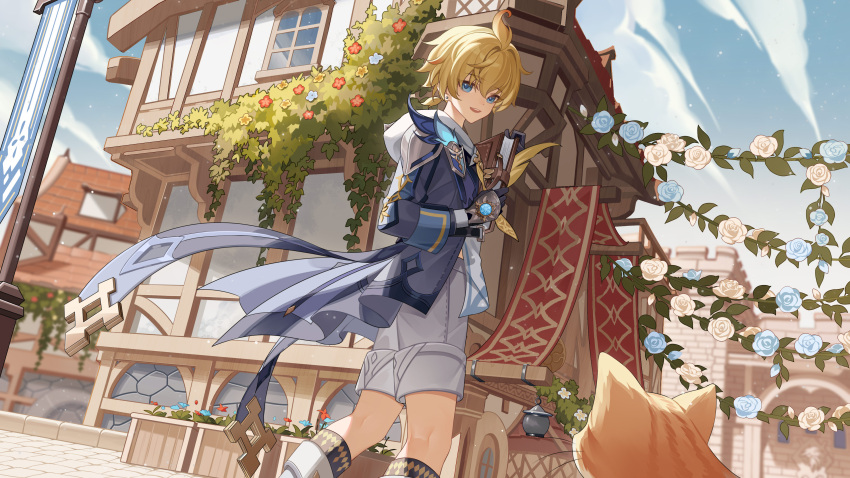 1boy :d absurdres ahoge banner black_gloves blonde_hair blue_cape blue_eyes blue_flower blue_jacket blue_sky blush book cape cat chinese_commentary cloud commentary_request day earrings feet_out_of_frame flower genshin_impact gloves gradient_hair hair_between_eyes half-timbered hand_up highres holding holding_book hood hood_down hoodie house in-universe_location jacket jewelry long_sleeves looking_back low_ponytail male_focus mika_(genshin_impact) multicolored_hair open_clothes open_jacket open_mouth orange_cat orange_hair outdoors plant ponytail short_hair short_ponytail shorts sidelocks sky sleepy1292673668 smile solo standing stone_wall stud_earrings teeth upper_teeth_only vambraces vision_(genshin_impact) wall white_flower white_hoodie white_shorts window
