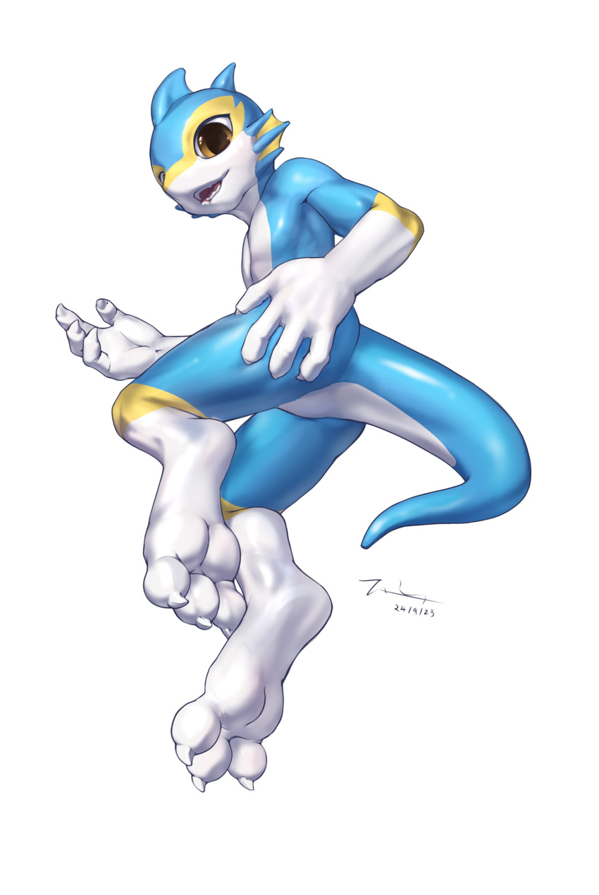 absurd_res anthro blue_body blue_skin bound butt digital_media_(artwork) dragon feet fishy_fizz foot_focus hi_res looking_at_viewer male marine nude paws smile solo tail