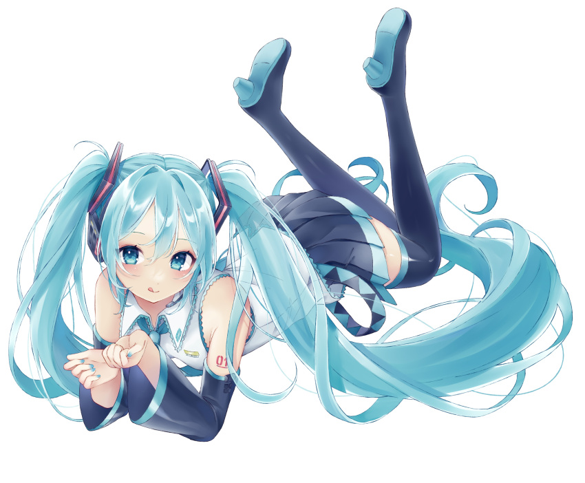 1girl :p absurdres aqua_eyes aqua_hair aqua_nails aqua_necktie aqua_trim bare_shoulders black_skirt black_sleeves blue_hair blush boots detached_sleeves full_body hair_between_eyes hair_ornament hatsune_miku headphones headset highres long_hair long_sleeves looking_at_viewer lying nail_polish necktie on_stomach open_mouth paya_(alunair) pleated_skirt shirt simple_background skirt sleeveless sleeveless_shirt smile solo thigh_boots thighhighs tongue tongue_out twintails very_long_hair vocaloid white_background white_shirt zettai_ryouiki