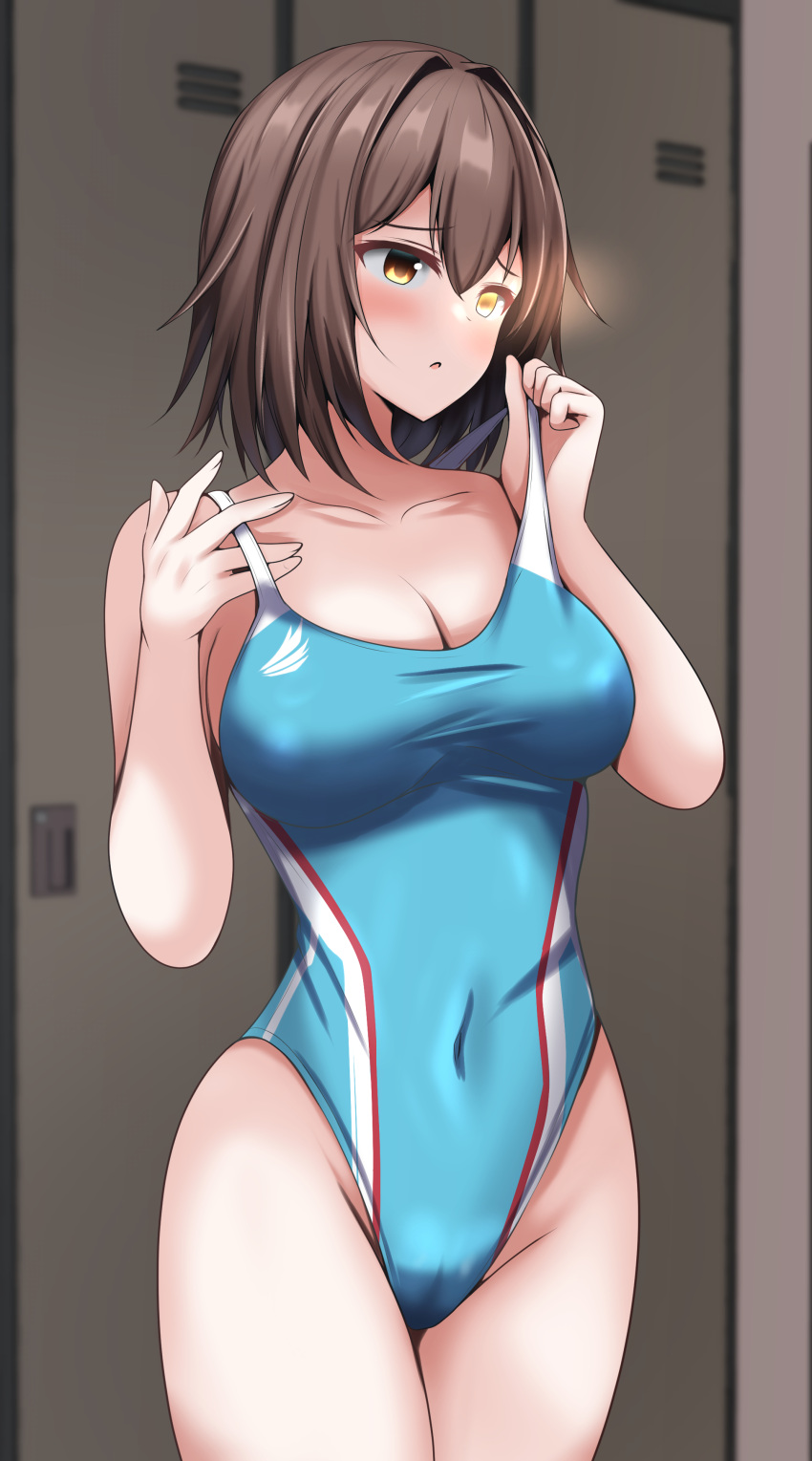 1girl abataa absurdres aqua_one-piece_swimsuit breasts brown_hair cleavage competition_swimsuit covered_navel furutaka_(kancolle) glowing glowing_eye heterochromia highleg highleg_swimsuit highres kantai_collection large_breasts locker one-piece_swimsuit short_hair solo swimsuit yellow_eyes