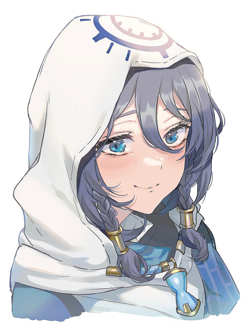 1girl black_hair blue_eyes blush braid braided_sidelock charm_(object) closed_mouth commentary cropped_shoulders eyelashes hair_between_eyes hair_ornament highres hood hood_up hoodie hourglass kayanogura kiriko_(overwatch) long_hair looking_at_viewer official_alternate_costume overwatch overwatch_2 simple_background smile solo white_background white_hoodie wispy_bangs