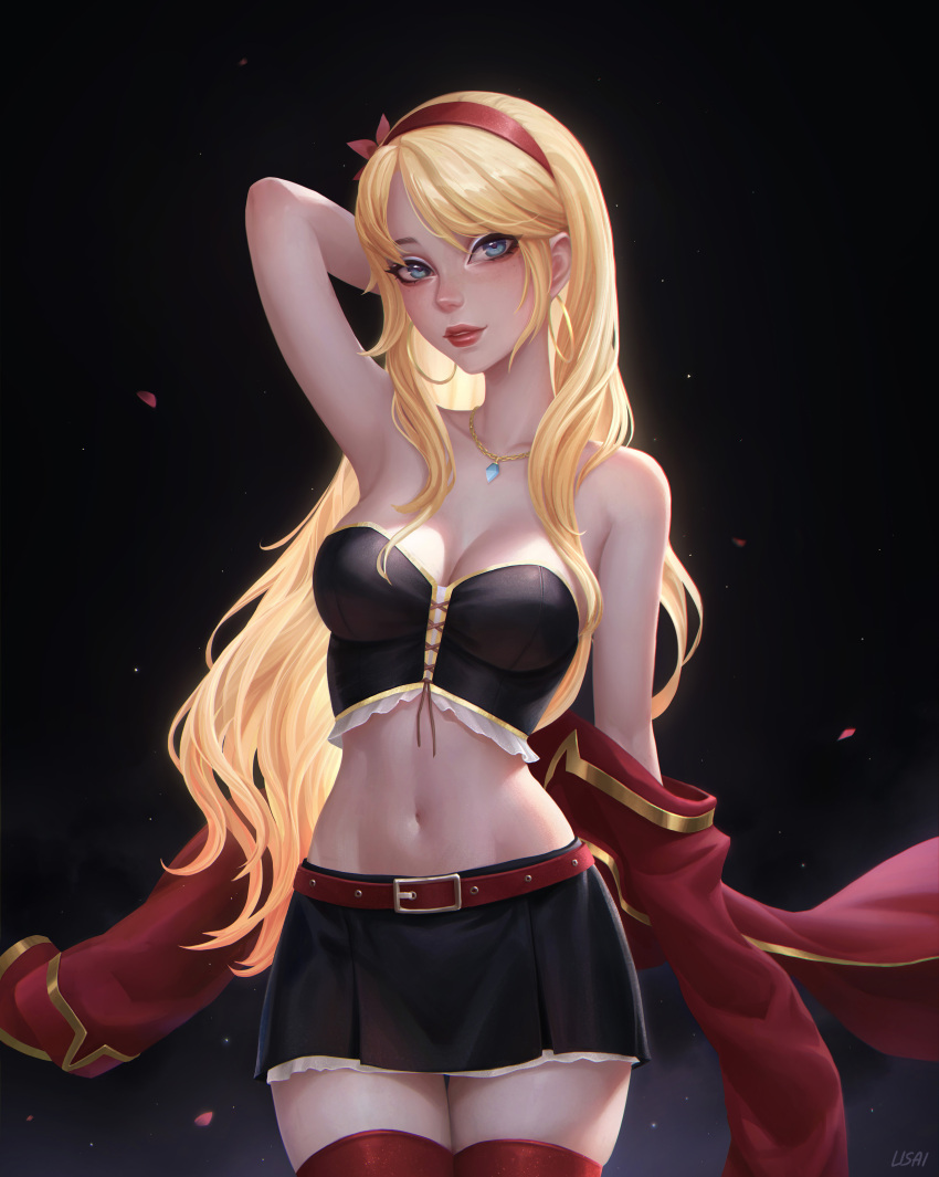 1girl absurdres alisa_nilsen arm_up bare_shoulders belt blonde_hair blue_eyes breasts bustier dark_background hairband highres jewelry lips long_hair looking_at_viewer medium_breasts midriff navel original pendant petals red_hairband skirt solo thighhighs