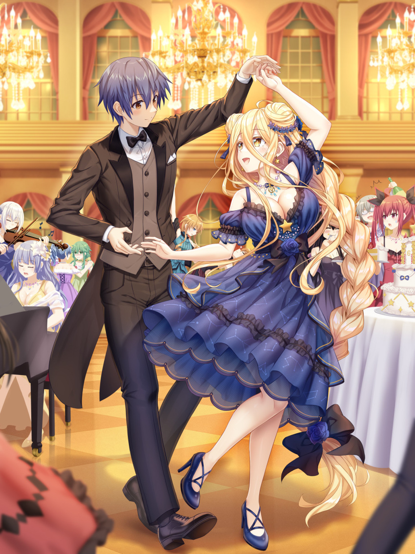 1boy black_footwear black_ribbon blonde_hair blue_hair breasts cake chandelier dancing date_a_live dress food green_dress green_hair highres honjou_nia hoshimiya_mukuro instrument itsuka_kotori itsuka_shidou izayoi_miku jewelry large_breasts light_blue_hair long_braid long_hair multiple_girls natsumi_(date_a_live) necklace orange_hair piano purple_dress red_dress red_eyes red_hair ribbon short_hair tobiichi_origami tsubasaki tuxedo very_long_hair violin white_hair yamai_kaguya yamai_yuzuru yatogami_tooka yoshino_(date_a_live)