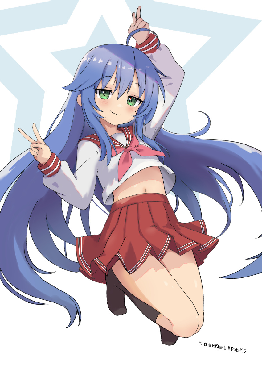 1girl :3 absurdres ahoge arm_up blue_hair bright_pupils brown_socks closed_mouth commentary dot_nose double_horizontal_stripe double_v facebook_username flat_chest flipped_hair floating_hair full_body green_eyes hair_between_eyes hand_up highres izumi_konata jitome light_blush long_hair long_sleeves looking_at_viewer lucky_star midair midriff_peek miniskirt mishiku navel neckerchief no_shoes pink_neckerchief pleated_skirt red_sailor_collar red_skirt ryouou_school_uniform sailor_collar school_uniform shirt short_eyebrows sidelocks simple_background skirt socks solo star_(symbol) straight_hair twitter_username v very_long_hair white_background white_shirt winter_uniform