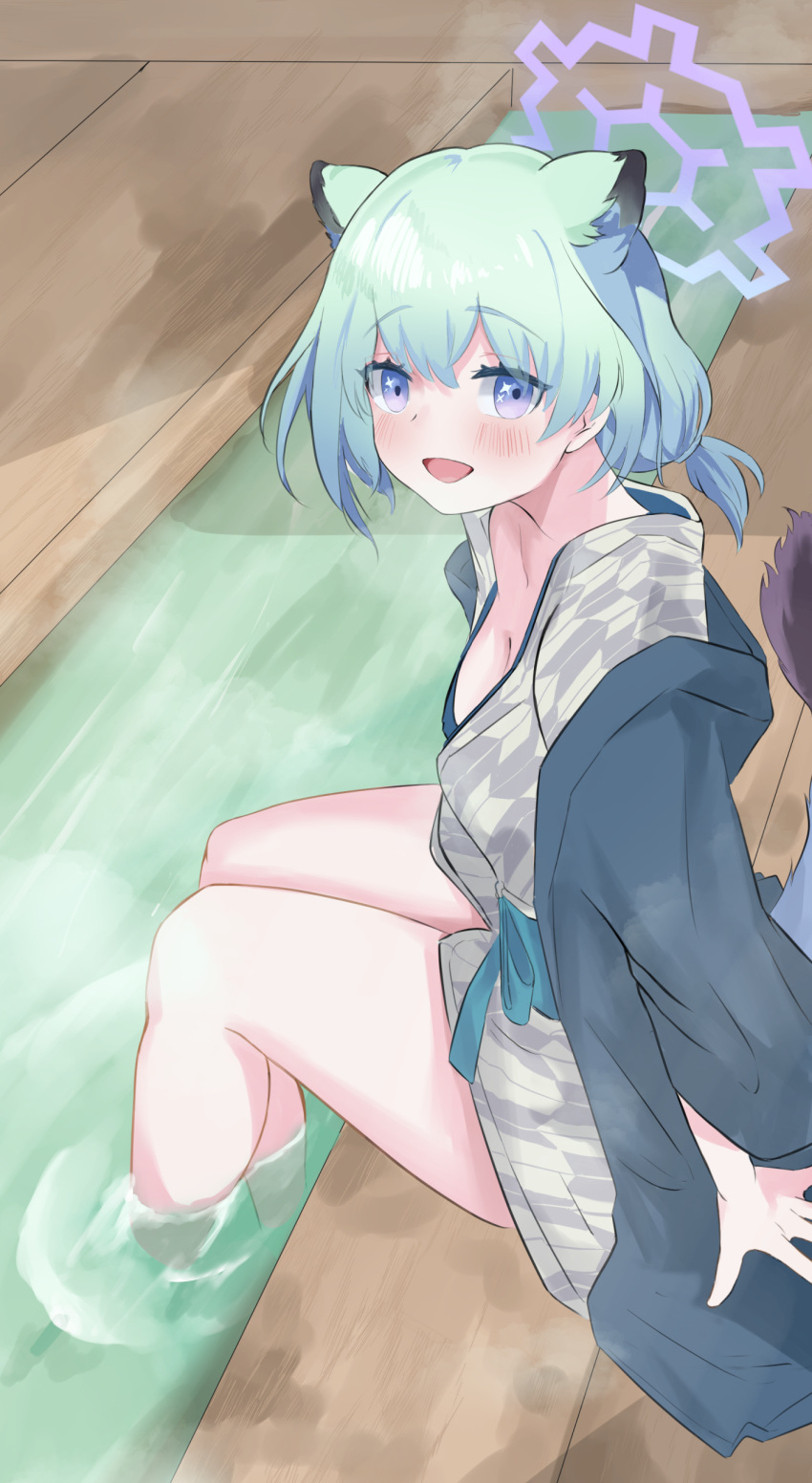 1girl 4jiri :d absurdres animal_ears blue_archive blush breasts cleavage collarbone green_hair halo highres japanese_clothes kimono long_sleeves looking_at_viewer medium_breasts official_alternate_costume onsen open_mouth purple_eyes purple_halo shigure_(blue_archive) shigure_(hot_spring)_(blue_archive) short_hair smile solo tail water weasel_ears weasel_tail white_kimono