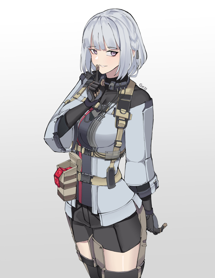 1girl absurdres ak-12_(girls'_frontline) artist_name black_gloves black_shorts condom condom_packet_strip condom_wrapper cyborg finger_to_mouth gar32 girls'_frontline gloves grey_jacket highres jacket mechanical_parts purple_eyes shorts solo thighs white_background white_hair wire