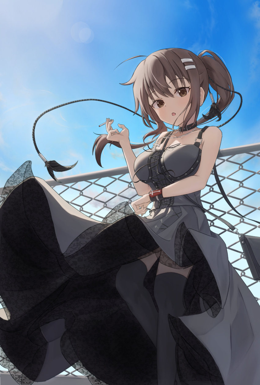 1girl :o absurdres adapted_costume ahoge arm_under_breasts armpit_crease bare_shoulders belt_collar black_choker black_dress black_thighhighs black_wrist_cuffs blue_sky blush braid breasts brown_eyes brown_hair choker cigarette cleavage collar commentary_request cross-laced_clothes cross-laced_dress cross_print curvy day dress eyelashes eyes_visible_through_hair feet_out_of_frame fence floating_clothes floating_hair floral_print from_below hair_between_eyes hair_ornament hairclip hand_up highres holding holding_cigarette large_breasts long_dress long_hair looking_at_viewer minakami_yuki open_mouth outdoors ponytail single_braid sky smoke smoking solo standing subarashiki_hibi takoyaki032002 thighhighs