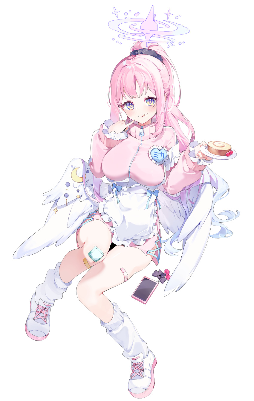 1girl absurdres alternate_costume angel_wings apron bandaid bandaid_on_leg blue_archive blush bread breasts feathered_wings food hair_bun hair_ornament halo highres holding holding_plate jacket long_hair long_sleeves looking_at_viewer loose_socks low_wings medium_breasts meunhongcha mika_(blue_archive) multicolored_eyes on_bed ornament pink_hair pink_halo pink_jacket plate ponytail purple_eyes scrunchie single_side_bun sitting socks solo waist_apron white_background white_wings wings yellow_eyes