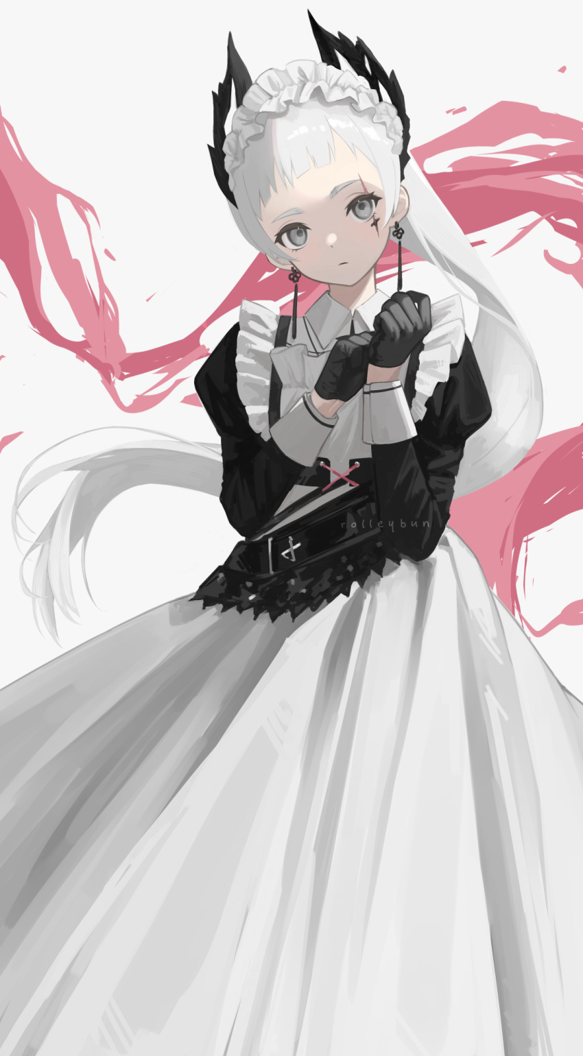 1girl apron arknights black_dress black_gloves dress gloves grey_eyes grey_hair head_wings highres irene_(arknights) irene_(voyage_of_feathers)_(arknights) julie juliet_sleeves long_hair long_sleeves looking_at_viewer maid maid_headdress official_alternate_costume parted_lips ponytail puffy_sleeves scar scar_across_eye scar_on_face simple_background solo very_long_hair white_apron white_background wings