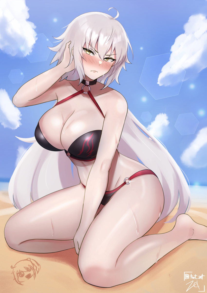 1girl ahoge beach bikini black_bikini blue_sky blush breasts character_print cleavage closed_mouth cloud commentary day english_commentary fate/grand_order fate_(series) fujimaru_ritsuka_(female) grey_hair hair_between_eyes hand_in_own_hair highres jeanne_d'arc_alter_(fate) jeanne_d'arc_alter_(swimsuit_berserker)_(fate) kneeling large_breasts long_hair looking_at_viewer o-ring o-ring_bikini outdoors sand sky solo sunlight swimsuit very_long_hair wet yellow_eyes zet_(twt_zet)