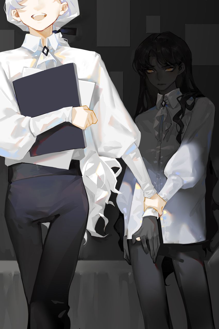 2boys absurdres ascot black_hair black_pants black_ribbon black_skin book brooch closed_mouth collared_shirt colored_skin contrast cowboy_shot dress_shirt facing_viewer grey_background hair_ribbon head_out_of_frame highres holding holding_another's_wrist holding_book jewelry long_hair long_sleeves looking_at_another low_ponytail male_focus molin multiple_boys open_mouth original outstretched_arm pants ponytail puffy_long_sleeves puffy_sleeves pulling ribbon shade shirt shirt_tucked_in standing untucked_shirt very_long_hair walking wavy_hair white_ascot white_hair white_shirt