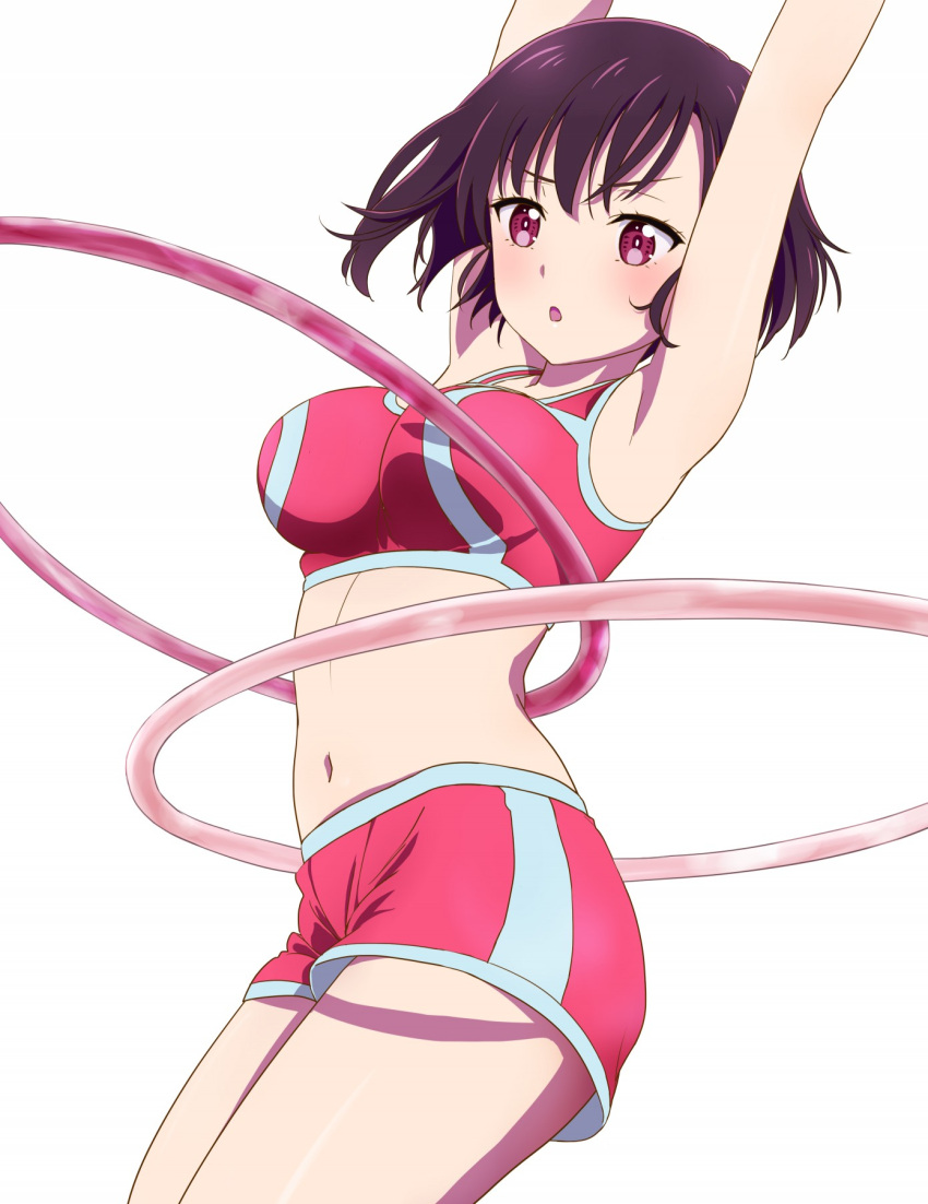 1girl arms_up breasts highres hoop hula_hoop komatsu_(sakanae) large_breasts light_blush mikazuki_shizuka navel open_mouth pink_eyes pink_shorts pink_sports_bra purple_hair short_hair short_shorts shorts solo sports_bra zom_100:_zombie_ni_naru_made_ni_shitai_100_no_koto