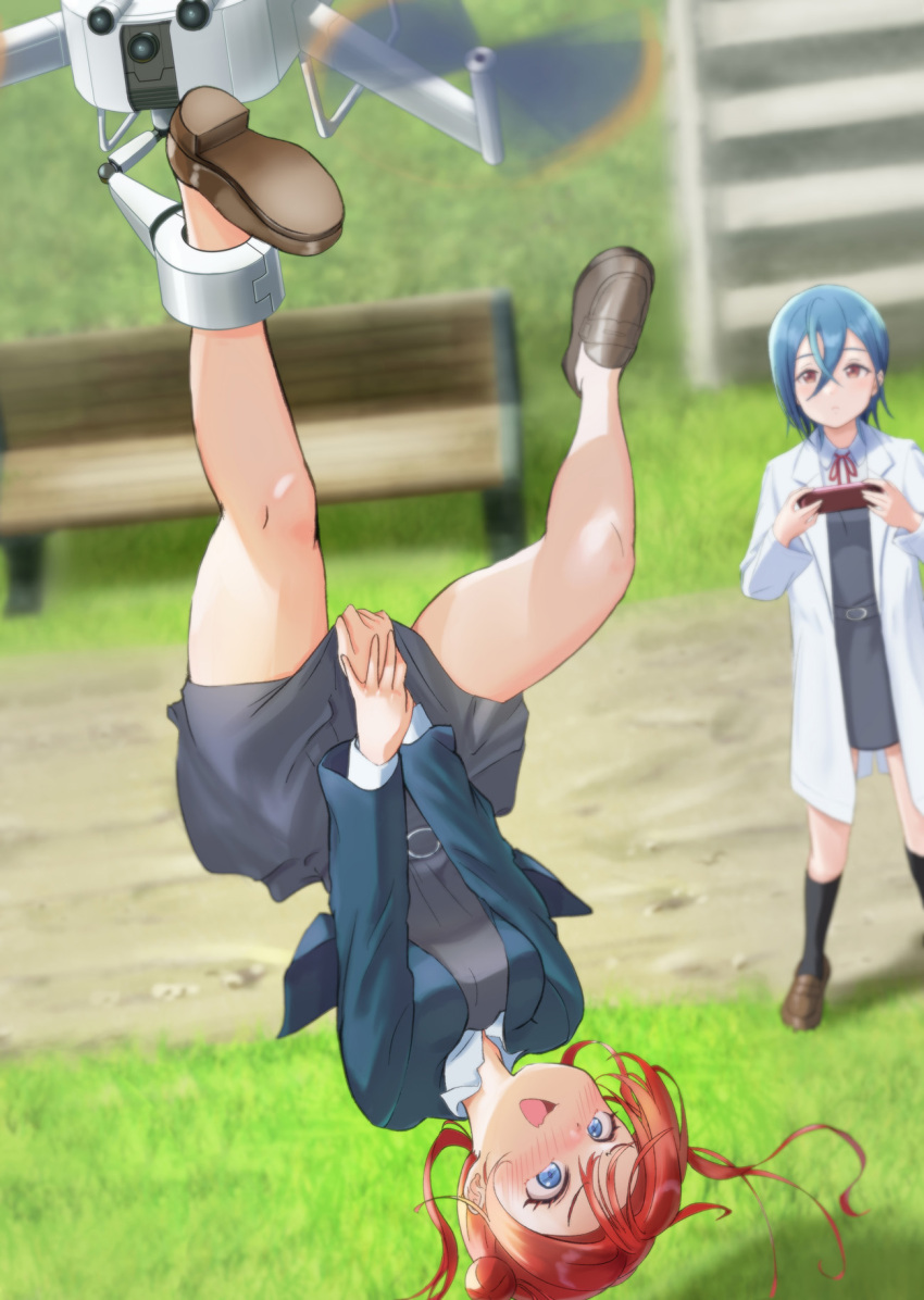 2girls bench blue_eyes blue_hair blue_jacket blush brown_footwear coat collared_shirt controller dress drone grey_dress hair_bun highres holding holding_remote_control jacket lab_coat loafers long_sleeves love_live! love_live!_superstar!! multiple_girls netsuka open_clothes open_jacket open_mouth park_bench red_hair remote_control school_uniform shirt shoes short_dress short_hair single_side_bun upside-down wakana_shiki white_coat yoneme_mei yuigaoka_school_uniform