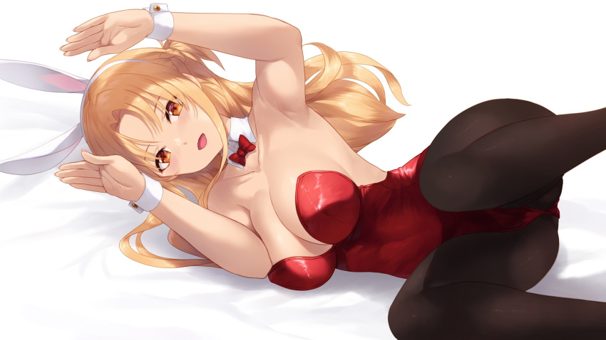 1girl alternate_costume animal_ears armpits asuna_(sao) black_pantyhose blonde_hair bow bowtie breasts cait_aron cleavage detached_collar fake_animal_ears hands_up highres large_breasts leotard long_hair looking_at_viewer lying on_side open_mouth pantyhose playboy_bunny rabbit_ears red_bow red_bowtie red_leotard smile solo sword_art_online