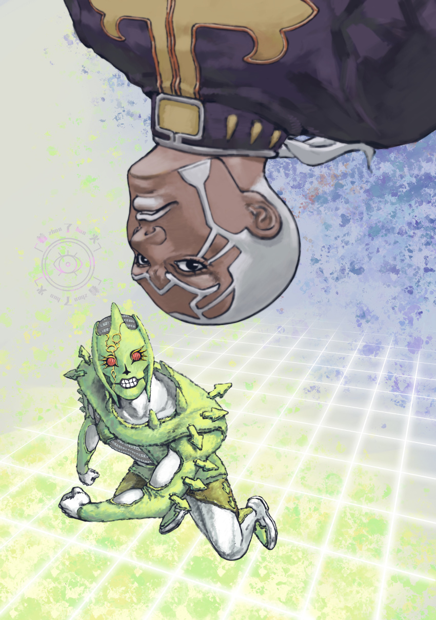 2boys absurdres black_eyes c-moon_(stand) c_moon_(stand) clenched_teeth dark-skinned_male dark_skin enrico_pucci floating grid_background highres jojo_no_kimyou_na_bouken male_focus mammonmoney multiple_boys priest stand_(jojo) stone_ocean teeth upside-down watermark white_hair