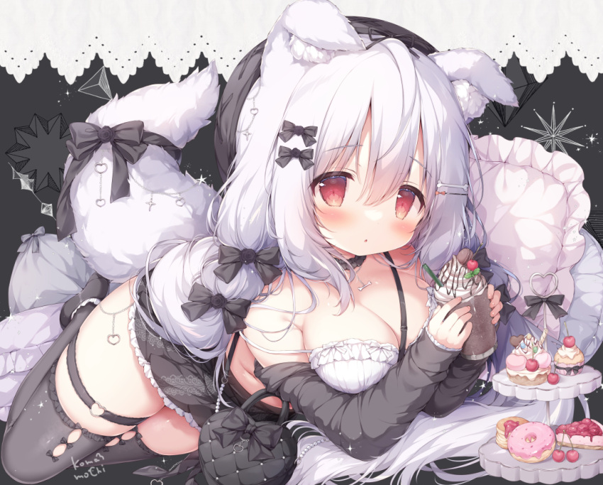 1girl :o animal_ear_fluff animal_ears arm_under_breasts artist_name bag bare_shoulders black_background black_bow black_choker black_headwear black_skirt black_sleeves black_thighhighs blush bone_hair_ornament bone_necklace bow bra breasts cherry chocolate choker cleavage commentary_request cowlick cross cupcake dessert detached_sleeves doughnut drink drinking_straw food frappuccino frilled_bra frilled_choker frilled_skirt frilled_sleeves frills fruit hair_between_eyes hair_bow hair_ornament handbag heart holding holding_drink long_hair looking_at_viewer medium_breasts microskirt momozu_komamochi navel open_mouth oppai_loli original pillow red_eyes sidelocks skindentation skirt solo spaghetti_strap star_(symbol) strap tail tail_bow tail_ornament tareme thigh_strap thighhighs thighs tiered_tray underwear white_bra white_hair wolf_ears wolf_girl wolf_tail