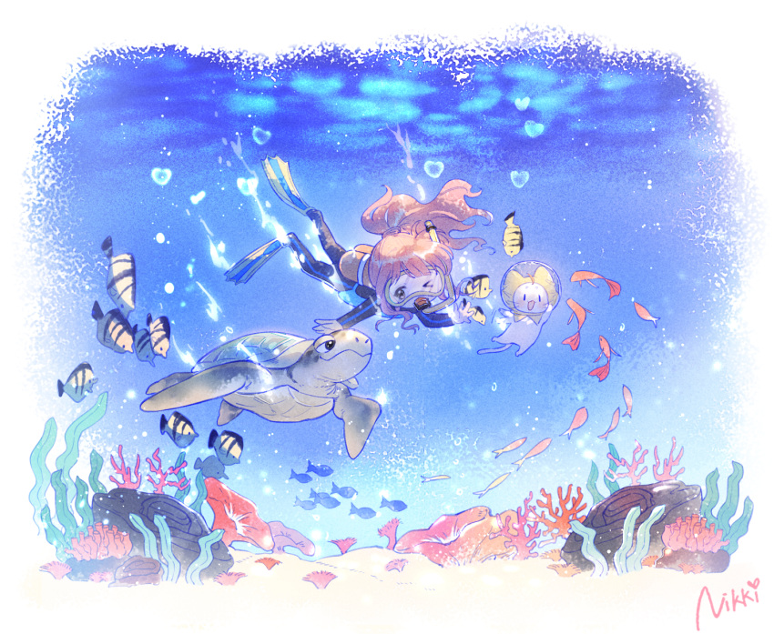 &gt;_o 1girl algae brown_eyes bubble cat coral_reef diving diving_suit fish highres long_hair momo_(miracle_nikki) nikki_(miracle_nikki) ocean official_art one_eye_closed open_mouth oxygen_tank pink_hair sand shining_nikki signature turtle underwater water white_cat yellow_cloak