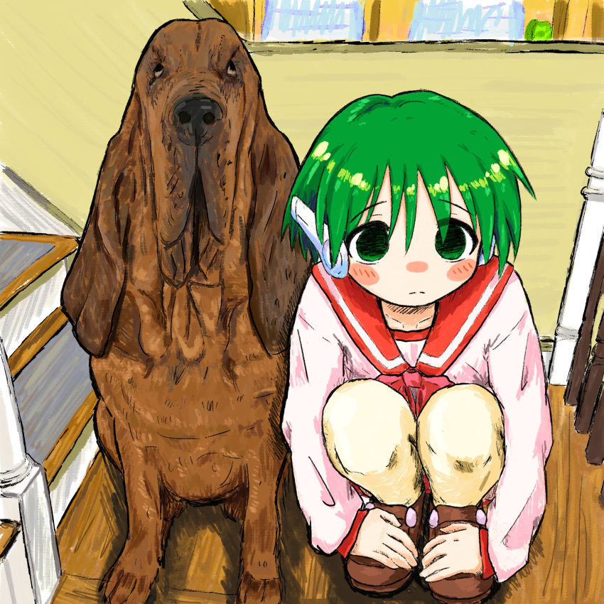 1girl animal bubbacterial closed_mouth dog empty_eyes green_eyes green_hair grey_hair highres indoors loafers long_sleeves multi_(to_heart) red_sailor_collar robot_ears sailor_collar school_uniform serafuku shoes short_hair squatting stairs to_heart to_heart_(series)