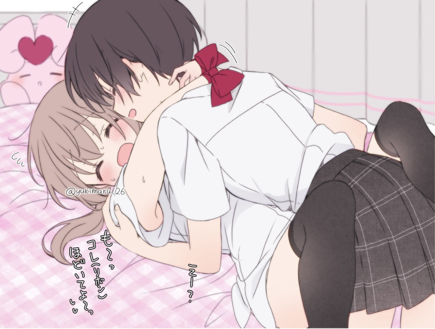 2girls arms_around_neck artist_name bdsm bed_sheet black_hair black_skirt black_thighhighs blonde_hair bondage bound bound_wrists bow bowtie commentary_request curtains double_bun hair_bun hands_on_another's_shoulder kiss multiple_girls open_mouth original plaid plaid_skirt red_bow red_bowtie rinlaby school_uniform shirt short_hair skirt stuffed_toy thighhighs tomboy translation_request twintails white_shirt yuri