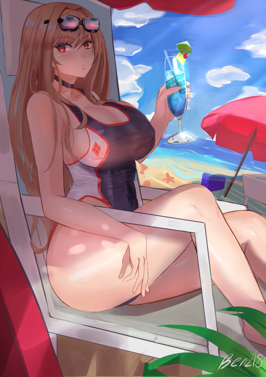 1girl absurdres artist_name beach benz black_choker blue_sky breasts brown_hair choker cleavage cloud cloudy_sky cocktail cocktail_glass commentary competition_swimsuit cup drinking_glass eyewear_on_head feet_out_of_frame goddess_of_victory:_nikke highleg highleg_swimsuit highres holding holding_cup large_breasts long_hair looking_at_viewer ocean one-piece_swimsuit outdoors parted_lips rapi_(nikke) red_eyes sand school_swimsuit sky sunglasses swimsuit umbrella water