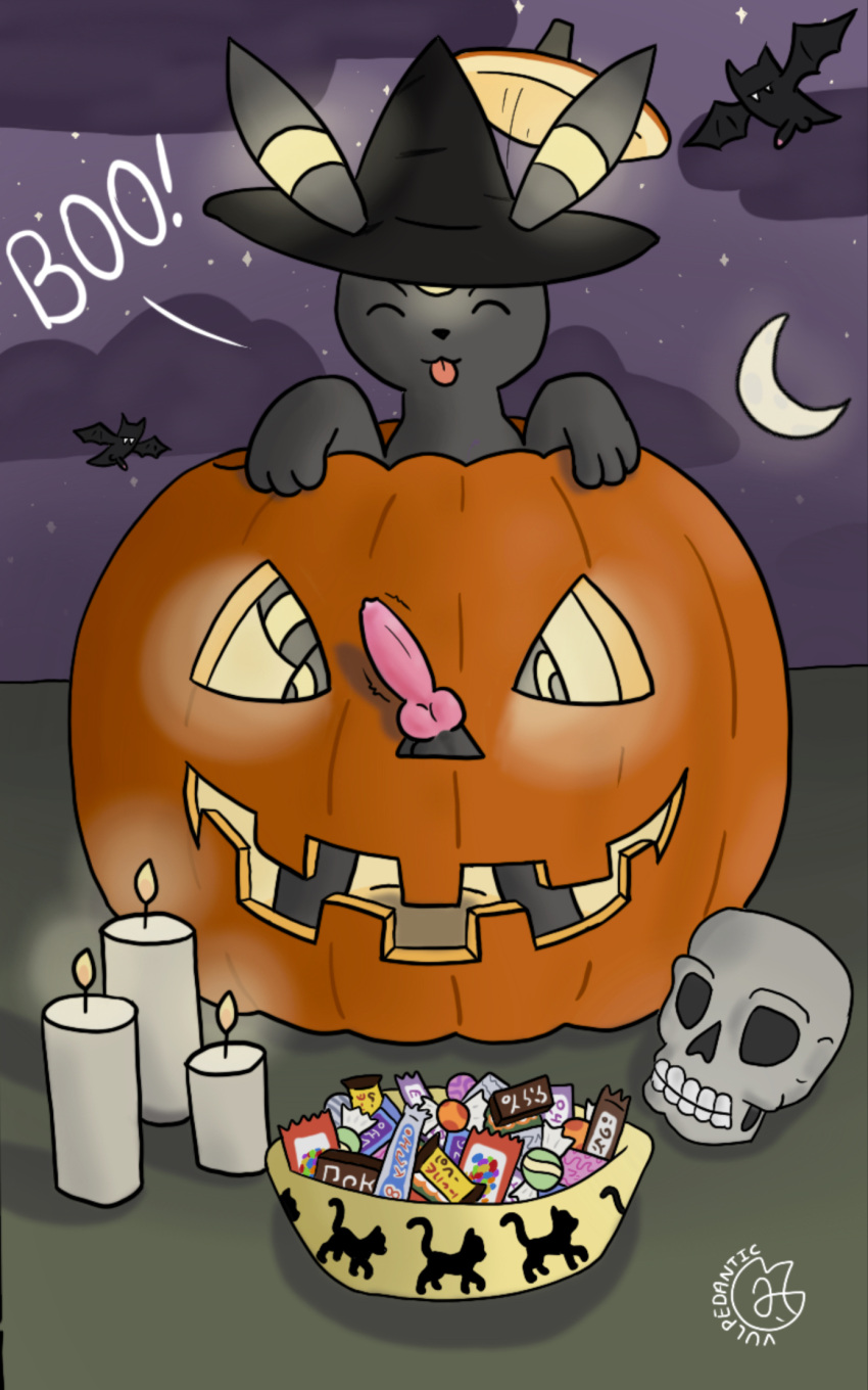 candle candy clothing dessert eeveelution feral food fruit generation_2_pokemon genitals halloween hat headgear headwear hi_res holidays humor jack-o'-lantern male nintendo penis plant pokemon pokemon_(species) poking_out presenting presenting_penis pumpkin solo tongue tongue_out umbreon vulpedantic witch_hat