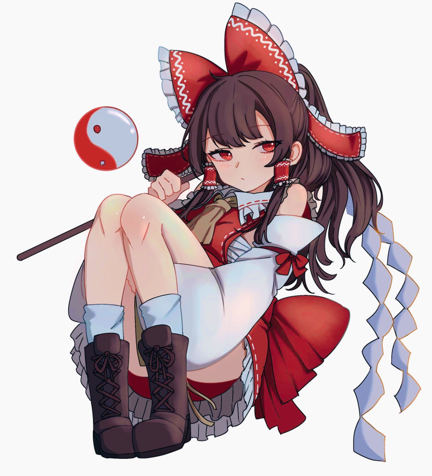 1girl ass bow brown_hair detached_sleeves gohei hair_bow hakurei_reimu highres holding holding_gohei mesuosushi nontraditional_miko orb panties red_bow red_eyes red_panties red_shirt shirt sitting solo thighs touhou underwear white_background white_sleeves yin_yang yin_yang_orb