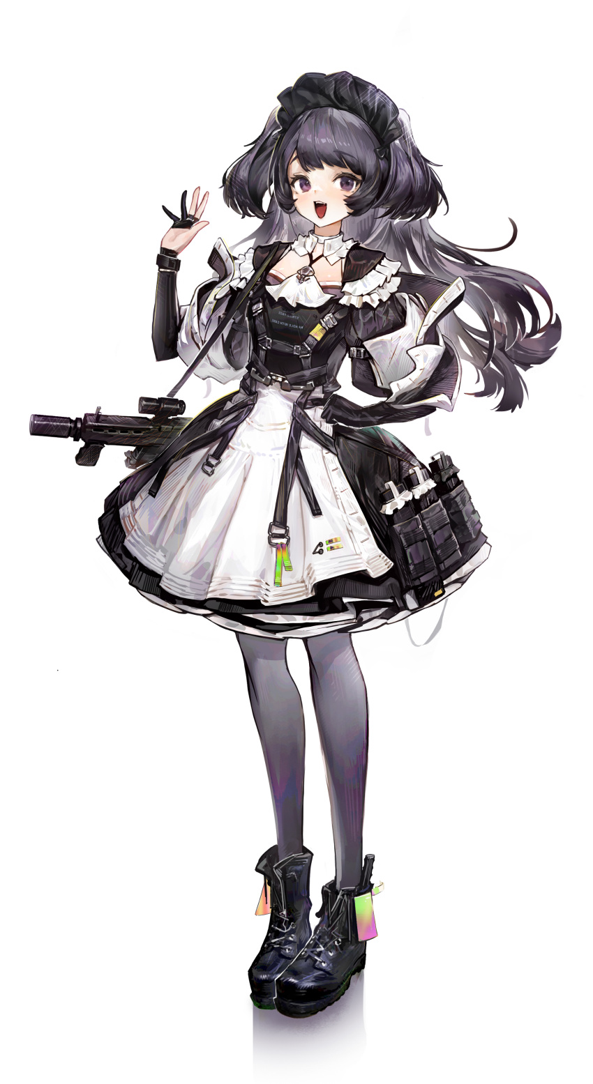 1girl absurdres agoto apron black_footwear black_hair boots dress frilled_dress frills full_body gun highres long_hair looking_at_viewer maid maid_day maid_headdress open_mouth original pantyhose purple_eyes shoes simple_background solo two_side_up very_long_hair waist_apron weapon white_background