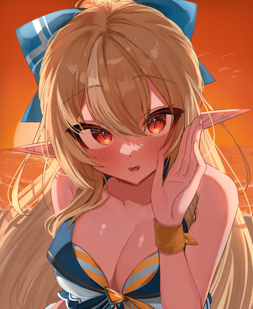 1girl bikini blonde_hair blush bow breasts cleavage dark-skinned_female dark_elf dark_skin elf front-tie_bikini_top front-tie_top hair_bow high_ponytail highres hololive hololive_summer_2023_swimsuit large_breasts long_hair looking_at_viewer mikukana133 multicolored_hair open_mouth pointy_ears ponytail red_eyes shiranui_flare sidelocks solo streaked_hair striped striped_bikini swimsuit virtual_youtuber white_hair yellow_bikini